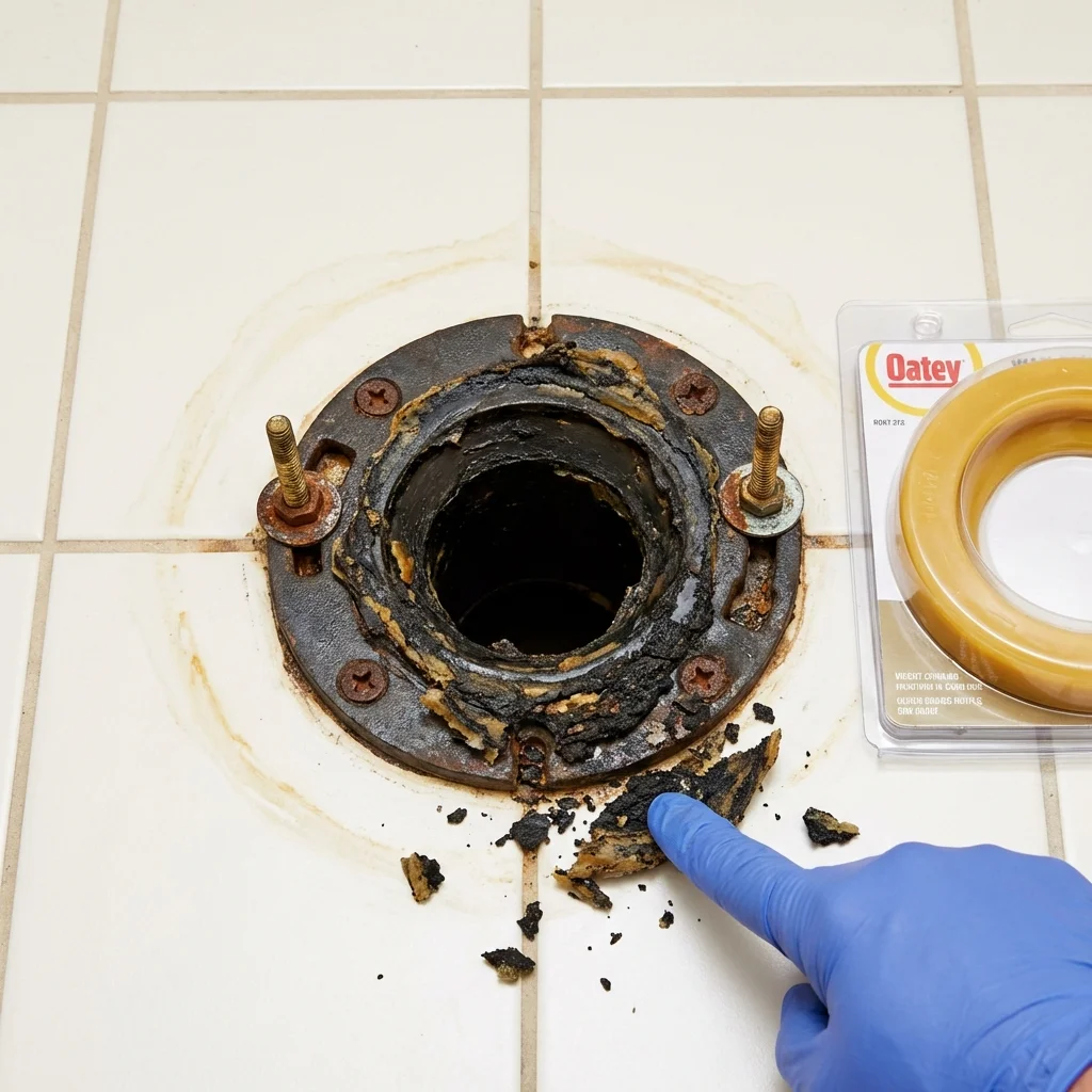 Failed wax ring showing water seepage at the base of a toilet in a Jeffersonville, OH home