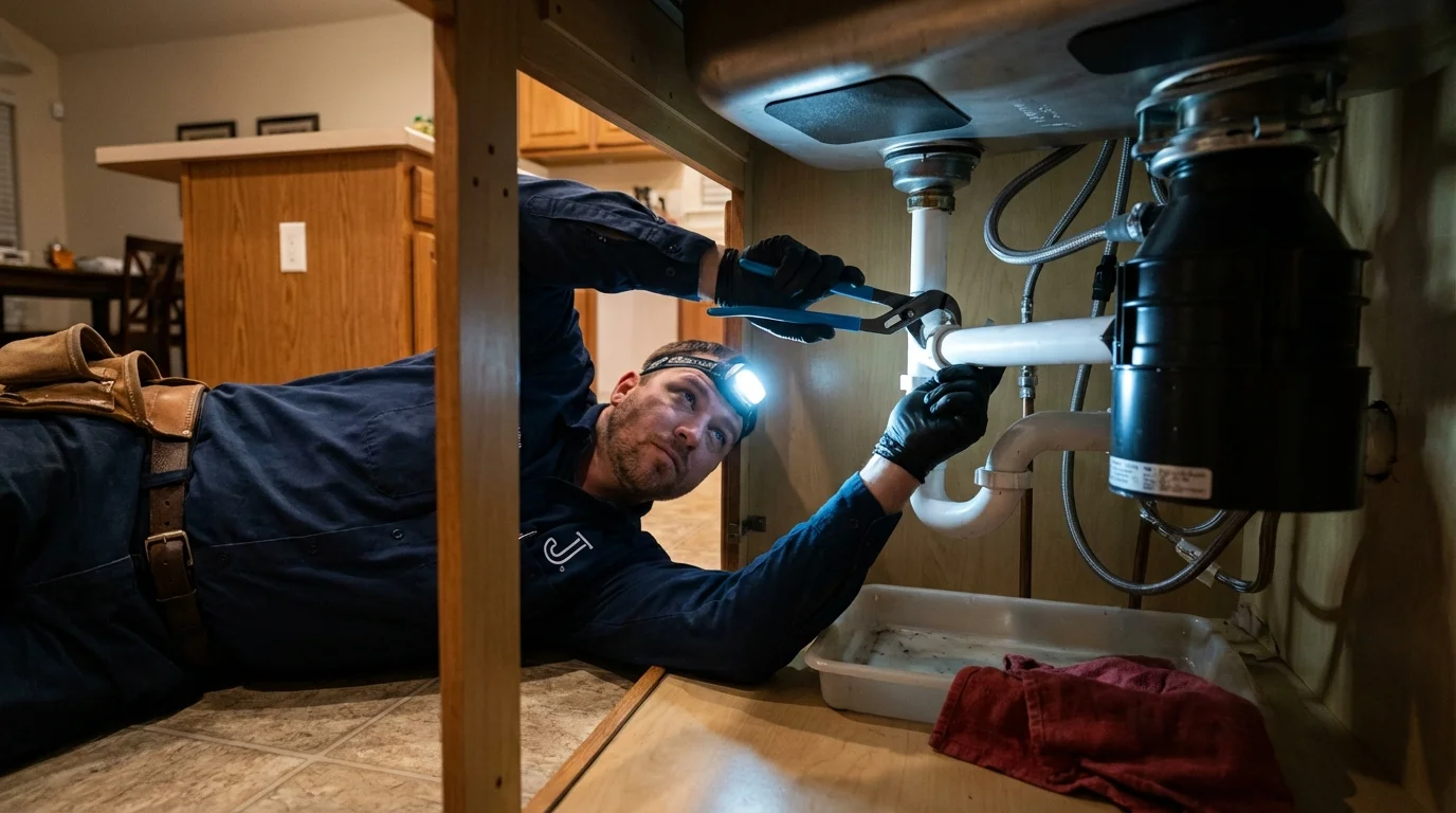 P-trap and supply line connections under a kitchen sink showing a common leak point in Jeffersonville, OH